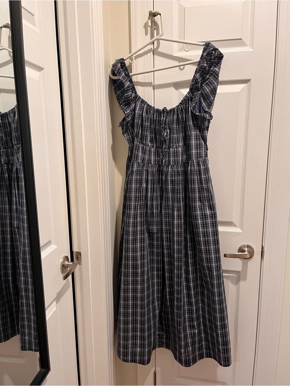 Anthropologie Navy and White Plaid Ruffle Strap Dress